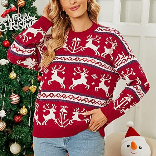 Pulovere supradimensionate pentru femei cu gât rotund casual cu mânecă lungă de Crăciun, pulover tipărit iarnă