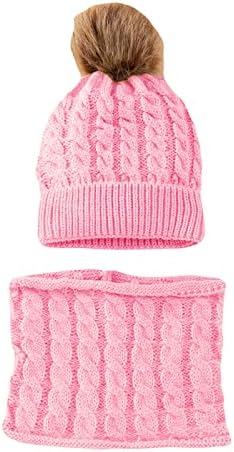Baby Beanie 2pcs Copii de iarnă Tricotat Eșarfă Set de culoare solidă Culoare mai caldă Protecția urechii calde în aer liber Pom Pom Pom pălărie