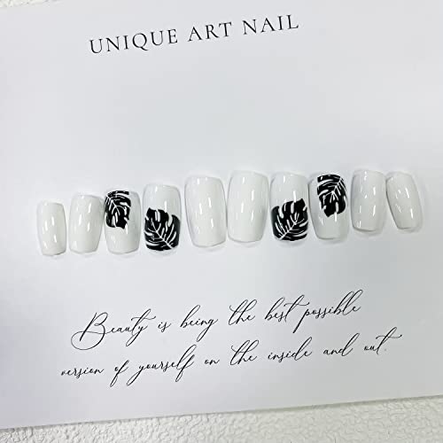 24 de buc Apăsați pe unghii cuie pătrate pătrate Fake unghii albe lucioase acrilice acrilice unghii false modele de frunze Designuri de unghii artificiale pentru femei