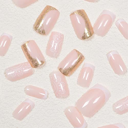 QINGGE Roz Franceză Sfat Apăsați pe unghii lungime scurtă pătrat unghii false cu aur sclipici Design Stick pe unghii lipici