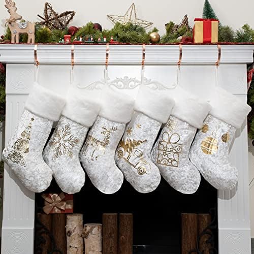 Bhd Beauty White Christmas Christmas Stockings Set 6 ciorapi de Crăciun 2022 Nou decor cu model de aur 20 Șemineu mare Stoci pentru petreceri de Crăciun pentru vacanță pentru familie