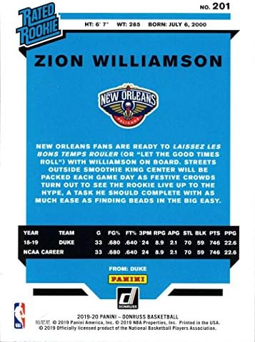 2019-20 Panini Donruss Baschet 201 Zion Williamson Rookie Card Pelicans