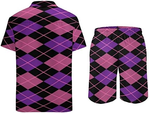 Roz violet argyle diamante bărbați 2pcs hawaiian set buton-down shoue tricouri tricouri pantaloni de plajă pantaloni
