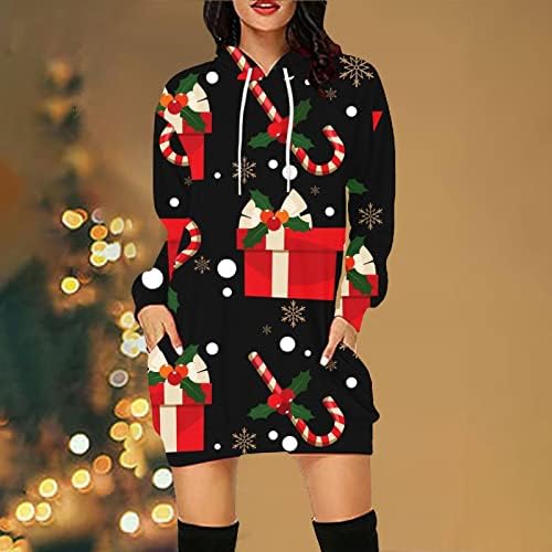 Urât Crăciun Hanorac rochie pentru femei drăguț noutate Imprimate Maneca lunga Hoodie Rochie pulover lung Top cu buzunare