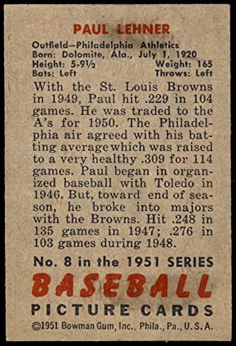 1951 Bowman 8 Paul Lehner Philadelphia Athletics Ex/Mt Athletics