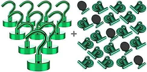Vndueey 10 pachet 22 klbs cârlige magnetice și 20pack Green Clips Magnetic Magnets Magnets Whiteboard Clips
