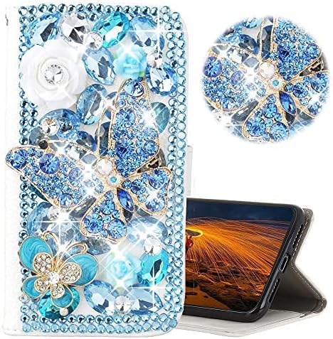 Luziun Glitter portofel telefon caz compatibil cu Samsung Galaxy A13 5g-3d fete de lux femei strălucitoare Bling lucrate manual albastru fluture portofel caz design pentru Samsung Galaxy A13 5G