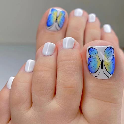 Apăsați pe unghiile de la picioare scurte Unghii False de la picioare lucioase balet pătrat unghii false fluture albastru modele
