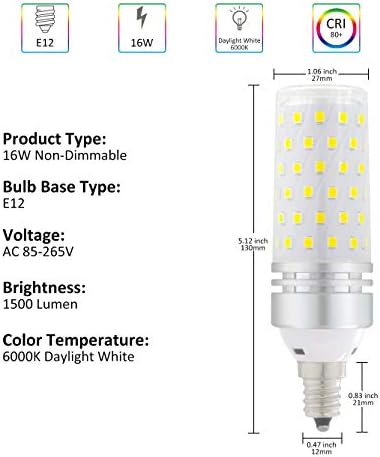 Becuri LED E12, Becuri LED Candelabra 100 Watt echivalent, Lumina zilei Alb 6000K, becuri LED ventilator de tavan, 1500lm,