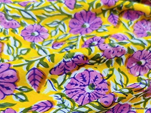 Indianhandicraft 10 Yard Bloc de mână imprimat bumbac pur imprimare roz și albastru Flori imprimate Fabric,00020
