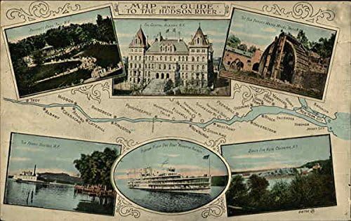 Harta și Ghidul râului Hudson Hudson River, New York NY Original Antique Card poștal
