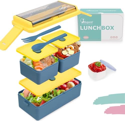 Bugucat Lunch Box 45 OZ, dublu stivuibil BentoBox Container Meal Prep Containe cu tacâmuri, 2 niveluri și 3 compartimente Design