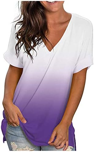 Womens V gât Gradient Culoare Culoare Topuri de vară V Tricouri cu mânecă scurtă Tricouri tunică Bluză moale plus dimensiune.S-5XL
