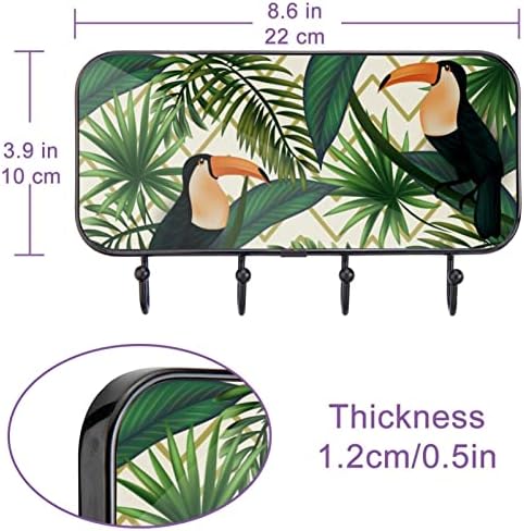 Vioqxi Tropical Green Frunze Birds Toucan cârlige de perete pentru haină cu 4 cârlige, umeraș de pălărie de intrare pentru