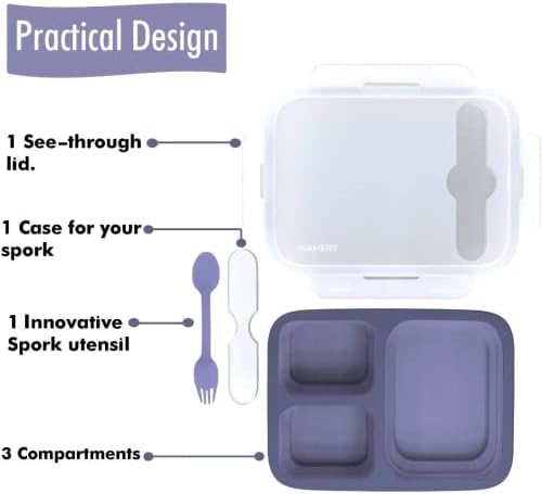 Wamery Bento cutie de prânz pentru copii & amp; adulți, păstrați alimente proaspete cu 3 compartimente, conține Spork, capac