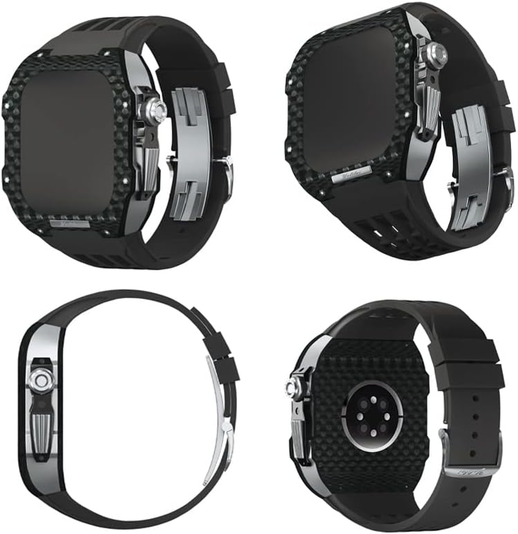 Founcy Fluororubber Band+Kit de modificare a carcasei din fibră de carbon ， pentru Apple Watch Series 8 7 45mm, Benzel din