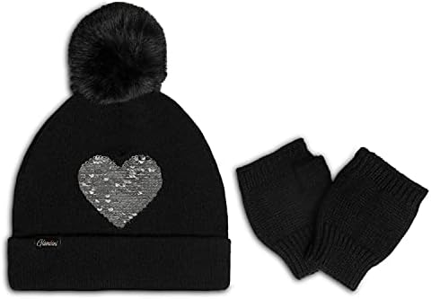 Glambini beanie și mănuși setate cu inimă de paiete pentru copii băieți băieți de iarnă pălărie neagră