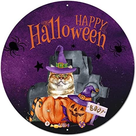 Placă rotundă cu semn metalic Happy Halloween Pumpkins Cats Halloween Coroană Semne Metal Artă Metal Artă Rusty Wall Pub Sign