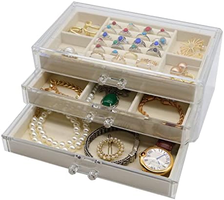Organizator de bijuterii acrilice DQUTAR cu 3 sertare, cutia de bijuterii clare din catifea pentru inel de colier și brățară