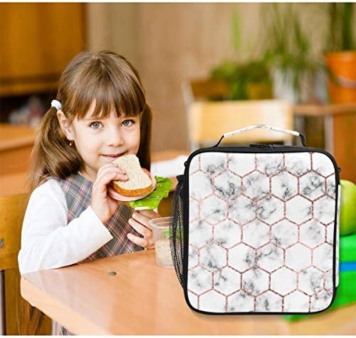Cutie portabilă de prânz izolată Cooler Geantă de prânz Prep copii adolescenți adulți hexagoane din Aur Roz model de marmură