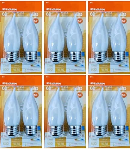 SYLVANIA 40529-bec de lumânare decorativ LED, vârf îndoit, sticlă mată, bază medie, echivalent 60 watt, alb cald, bec LED Dimmable