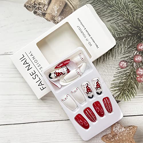 Presă de Crăciun pe unghii cu design gnome, formă de migdale unghii false baston mediu pe unghii valuri de clopot cuie roșie