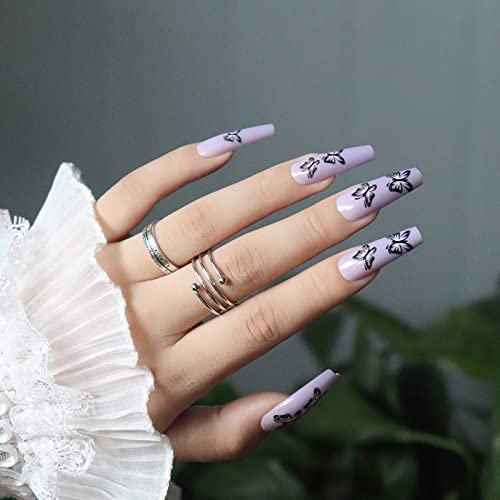 Unghii lungi de balet negru violet fluture balet Nail Art lipici pe unghii False, manichiură artificială cu degete, unghii