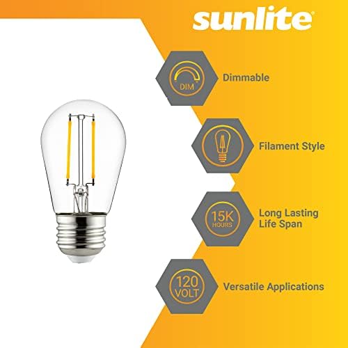 Sunlite 81073-SU LED S14 filament stil șir bec, ETL enumerate, 2 wați, 200 lumeni, mediu de bază, Dimmable, 2700K Alb Cald, 1 conta