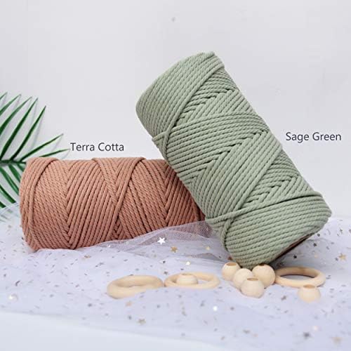 Cablu de macrame 3mm 109 metri Sage Green 1 pachet, funie naturală de bumbac pentru tricotat macrame colorat, 4 șuvițe răsucite