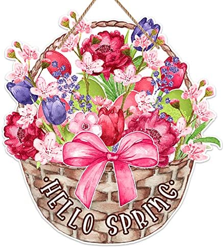 SICOHOME Hello Hello Spring Door Sign 11.5 Semn de bun venit floral pentru ușă față Spring Spring Flori Rustic Decorațiuni de primăvară pentru decorațiuni pentru ușă de primăvară pentru petrecere de Paște de primăvară în aer liber, în aer liber, decor ușă din față