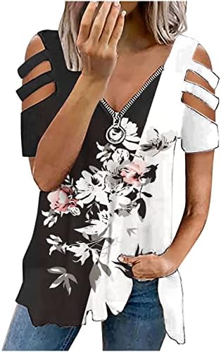 Tricou de vară pentru femei Fermoar V gât umăr rece Top Tees florale imprimate vrac bluza tunica Topuri pentru jambiere
