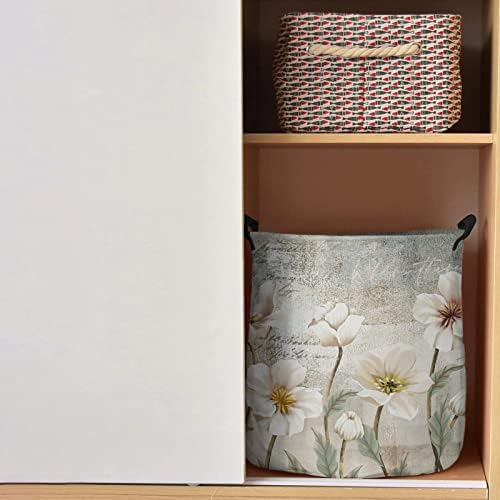 Coș de rufe pliabil - 16,5 x 17 în coș de depozitare cu flori albe coș de rufe cu mânere, rustic Floral maro Teal Abstract