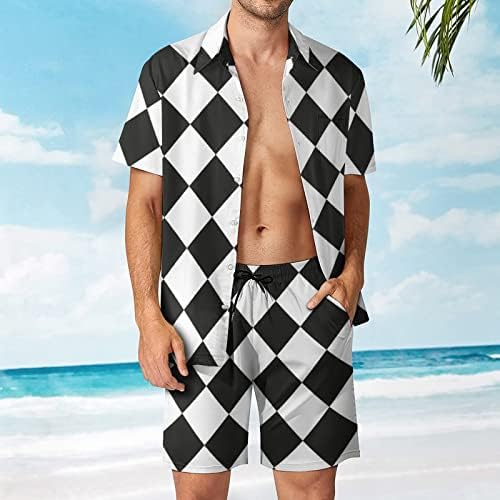Black White Plaids Bărbați 2 Piese Hawaii Set Button în jos Cămăși cu mânecă scurtă Pantaloni de plajă Pantaloni Fit Tricouri