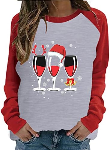 Narhbrg Christmas Tops for Women Este cel mai plin de vinuri de vinuri, scrisoare amuzantă print imprimeu bloc de culori bloc