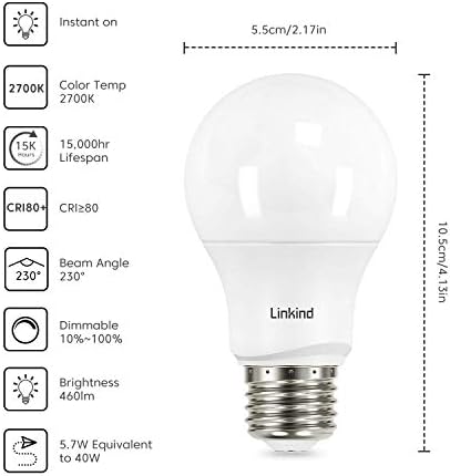 Linkind Dimmable A19 LED Becuri, 5.7 W 460 lumeni 40 Watt echivalent & amp; 9.5 W 800 lumeni 60 Watt echivalent, E26 de bază, 2700K alb moale, CRI80 + 120V, ul enumerate FCC certificate