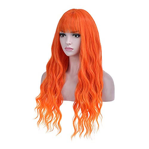 MAGQOO Orange Ombre flacără foc peruca cu breton lung ondulat ondulat Orange Ombre peruca de par pentru femei Fete sintetice