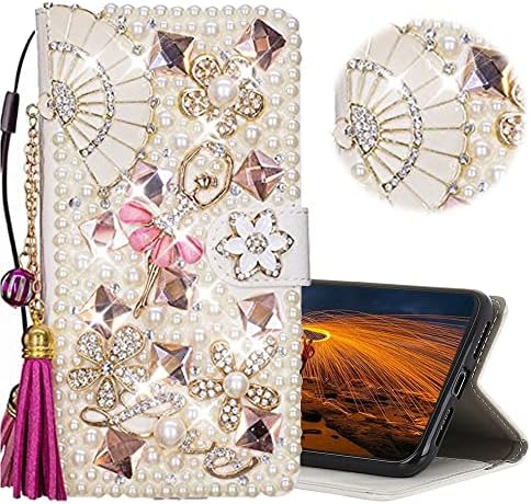 Carcasă de telefon portofel sclipitor compatibil cu OnePlus 8T / OnePlus 8T Plus 5G 2020, As -Zeke 3D Handmade Series Fan Tassel Dance Girls Flower Rhinestone Crystal Bling Design Husa Cover - Aur