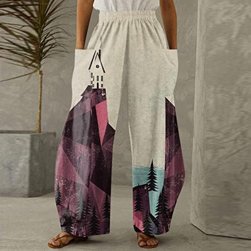 Pantaloni de lenjerie pentru femei talie tipărit localizat Pantaloni cu picioare drepte casual cu buzunare Pantaloni de plajă