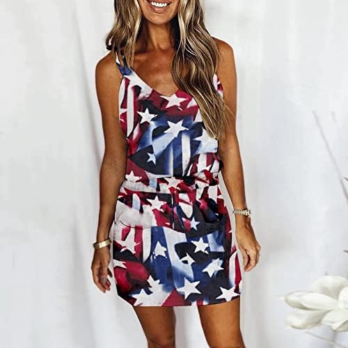 Rochie de pavilion patriot de feminină Hoxine, 4 iulie, stea de vară stele de vară buzunare sundress Buzunare Drawstring American Flag mini rochii