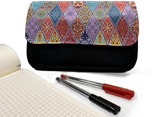 Carcasă de creion geometric lunarabil, motiv de mozaic diagonală, pungă de creion cu stilou din țesătură cu fermoar dublu, 8,5 x 5,5, multicolor