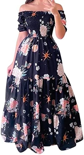 Rochie maxi florală de la umăr pentru femei de vară, plus dimensiune, mâneci scurte cu talie înaltă cu talie înaltă plisată