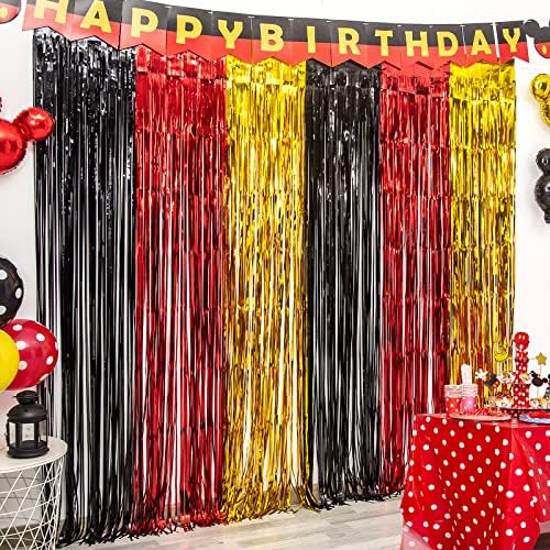 Lolstar 3 Pack Mickey Birthday Party Supplies, 3,3x6,6 ft Black Red Gold Tinsel Folia perdele, cartoon Mouse Photo Stand Prop