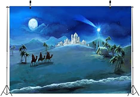 Beleco Fabric 7x5ft scena Nașterii fundal noapte de Crăciun stele Sfânta Familie și trei regi Desert Castel cabana iesle nașterea lui Isus fundal în aer liber Xmas Decor Biserica religie Photo Booth recuzită