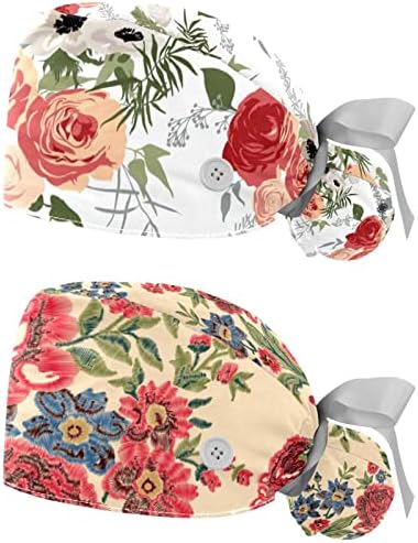 2 pachete șapcă chirurgicală cu bandă de transpirație, pălării respirabile cu părul lung, capace de scrub asistente reglabile, trandafir floral