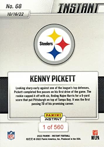 2022 Panini Instant Football #68 Kenny Pickett Rookie Card Steelers - prima carieră care trece touchdown - doar 560 Made!