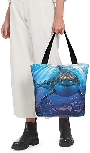 Cartoon Shark Canvas Tote Geanta Geantă de umăr mare casual Reutilizabil geantă de mână pentru femei pentru femei muncitor