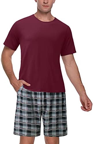 Cadou pentru pijama pentru bărbați 2pc Costume pentru gât rotund, tricouri solide solidă și carouri elastice cu talie pantaloni
