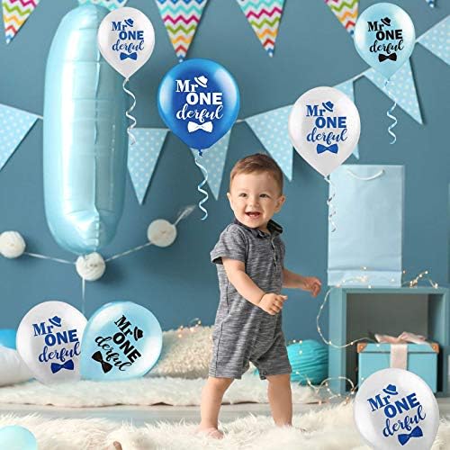 45 piese 12 Inch Mr Onederful Boys 1st Birthday Party baloane, albastru și alb Baby 1st Birthday Latex baloane cu 2 piese panglică