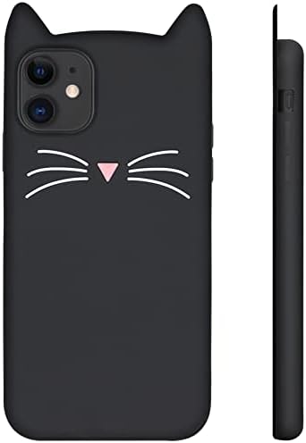 Megantree Cute iPhone 11 Carcasă, animale amuzante neagră cu urechi pisici pentru pisici, cartoon 3d cartoon moale silicon