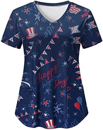 4 iulie tricou pentru femei Usa Flag vară tricou cu mânecă scurtă cu gât în V cu 2 buzunare Bluze îmbrăcăminte de lucru casual